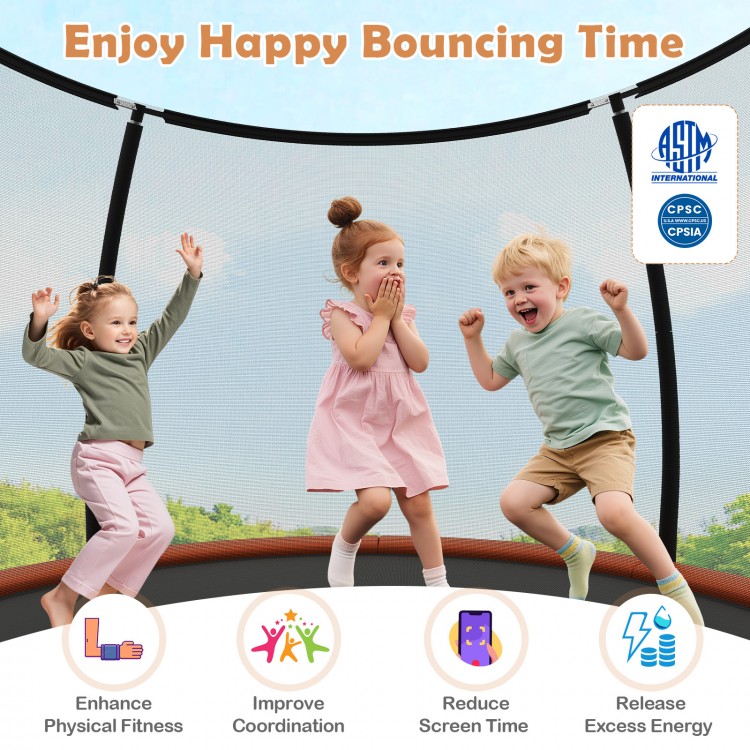 Kids enjoying the 10FT outdoor trampoline with safety enclosure net, promoting fitness and coordination in a fun.