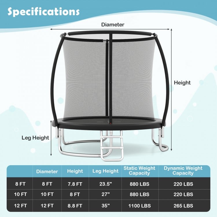 10FT outdoor trampoline with safety enclosure net, featuring curved leg tubes and galvanized steel frame for stability.