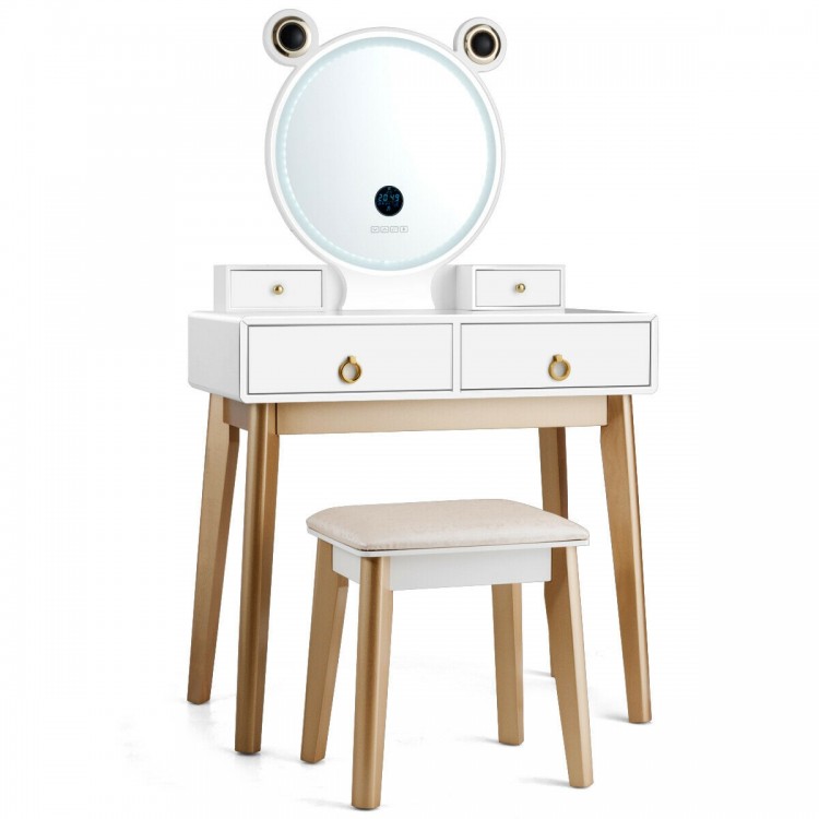 Vanity set featuring a touch screen dimming mirror, four drawers, and solid beech wood legs for stable use.