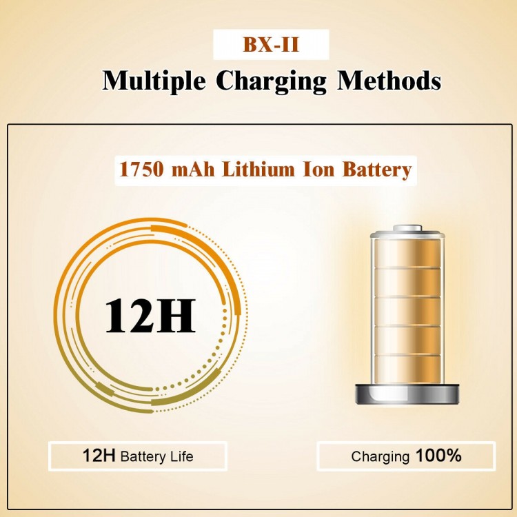 BX-II digital piano features a 1750 mAh battery with 12-hour life, ideal for portable music practice and performance.