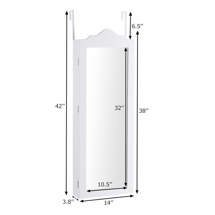 Wall mounted jewelry armoire with full-size mirror, 4 shelves, 23 hooks, and 72 ring slots for organized storage.