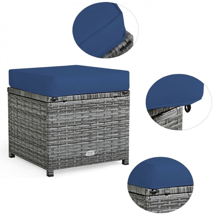 Navy cushion-top wicker ottoman from the 7-piece patio rattan dining set, ideal for outdoor relaxation and versatility.