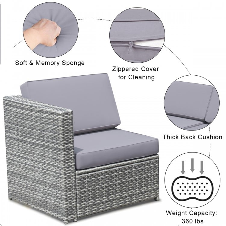 Single corner sofa from the 8-piece wicker patio set in gray with thick back cushion and zippered cover for easy.