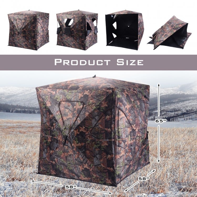 Portable deer hunting blind in camo design, featuring 360° visibility and weatherproof material, ideal for outdoor use.