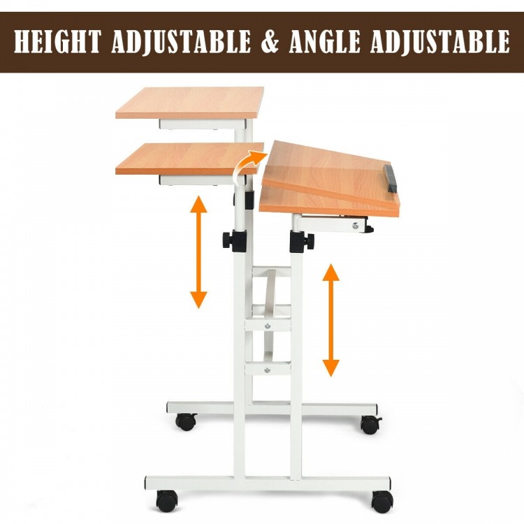 Height adjustable sit-stand computer desk with tilting surface, sturdy steel frame, and four rolling wheels for easy.