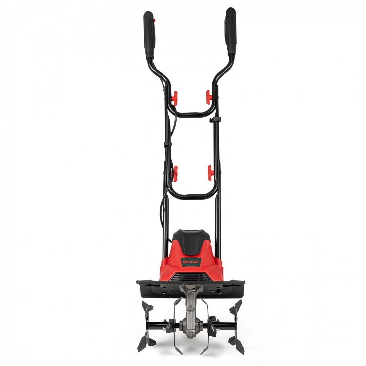 Front view of the 10 Amp corded electric tiller cultivator with 4 angled tines, designed for efficient soil digging.