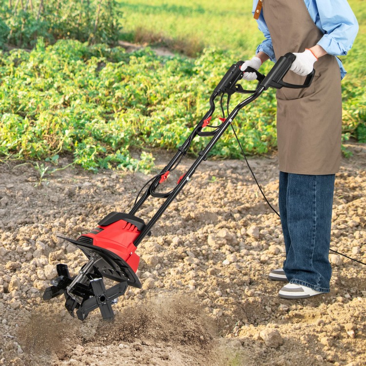 Electric tiller cultivator with 10 Amp motor and 4 angled tines, designed for efficient soil digging and easy operation.
