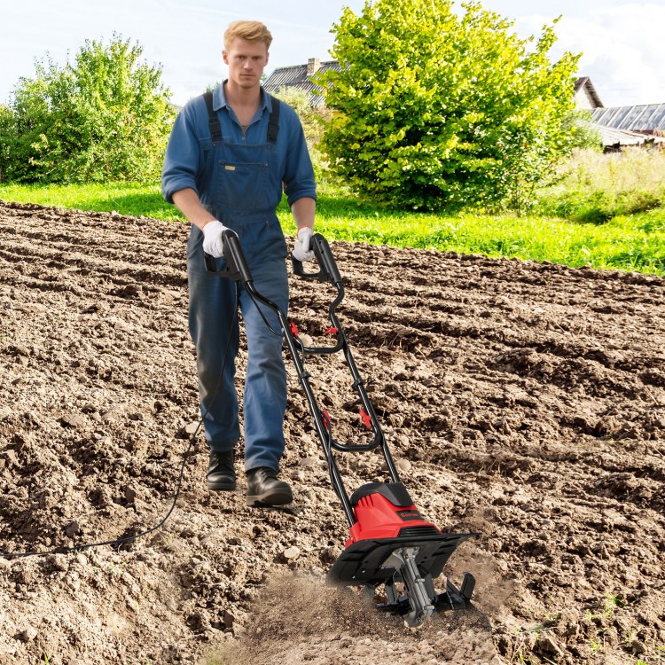 Corded electric tiller cultivator with 10 Amp motor and 4 angled tines, ideal for efficient soil digging in gardens.
