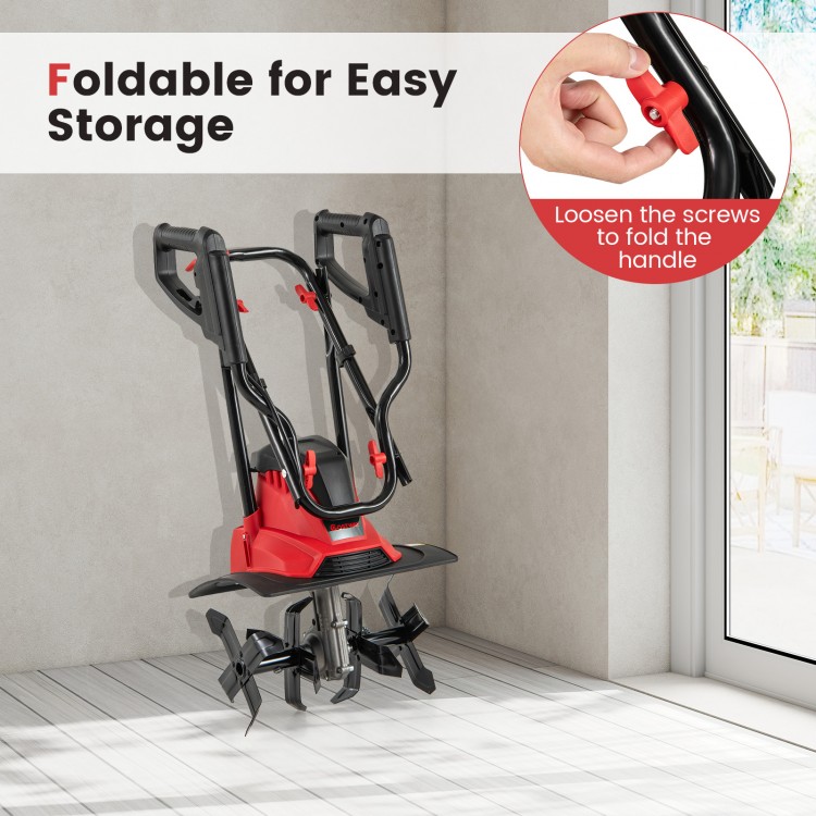 Electric tiller cultivator with foldable handle for easy storage, featuring a powerful 10 Amp motor and 4 angled tines.