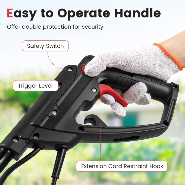 Close-up of the easy-to-operate handle of the 10 Amp electric tiller cultivator with safety switch and trigger lever.