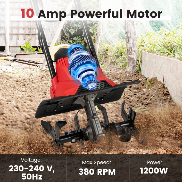 10 Amp corded electric tiller with 4 angled tines, safety lock, and foldable handle for efficient soil cultivation.