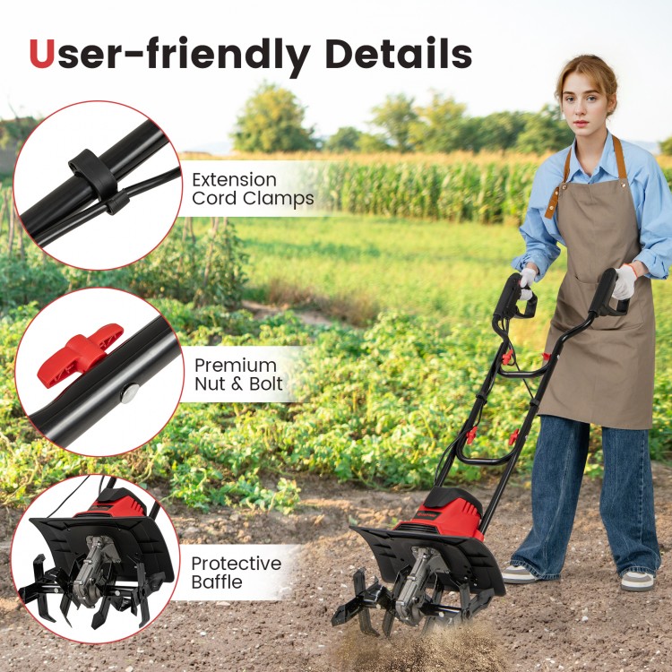 Corded electric tiller cultivator with 10 Amp motor, safety lock, and user-friendly features for efficient soil digging.