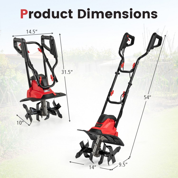 Corded electric tiller cultivator dimensions showing 10 Amp motor, foldable handle, and 4 angled tines for efficient.