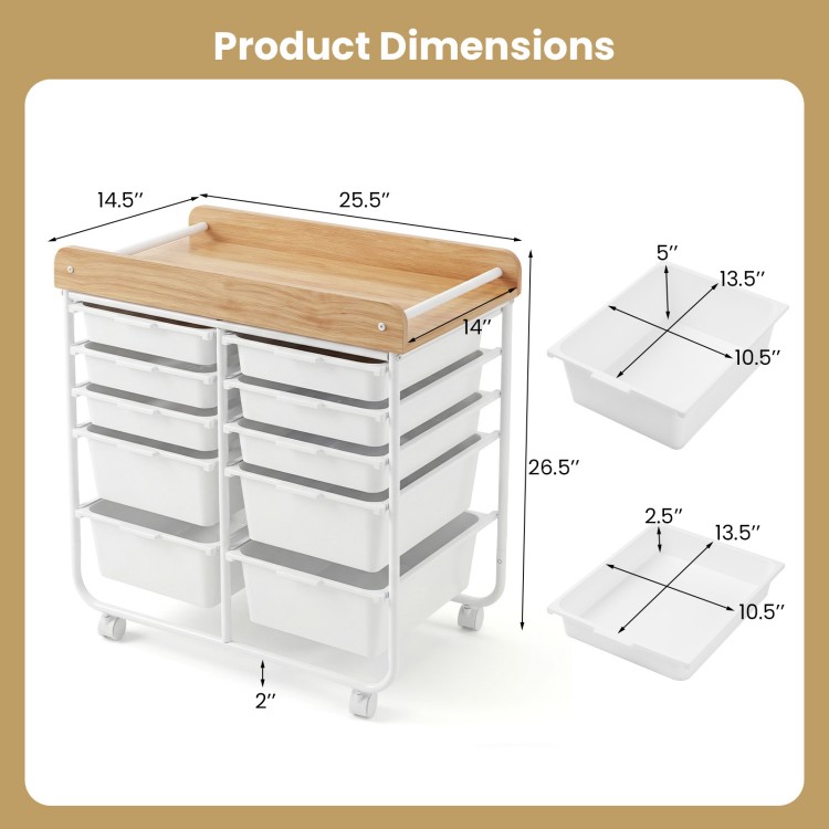 10-drawer rolling cart with wooden tabletop, lockable wheels, and sturdy metal frame for organized office storage.