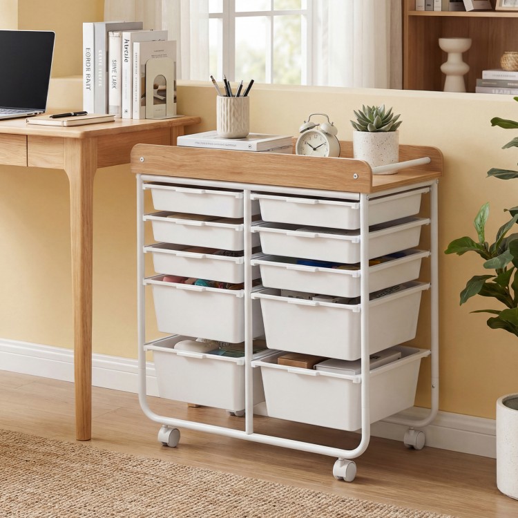 10-drawer rolling cart with wooden tabletop and lockable wheels, ideal for organized storage in offices or classrooms.