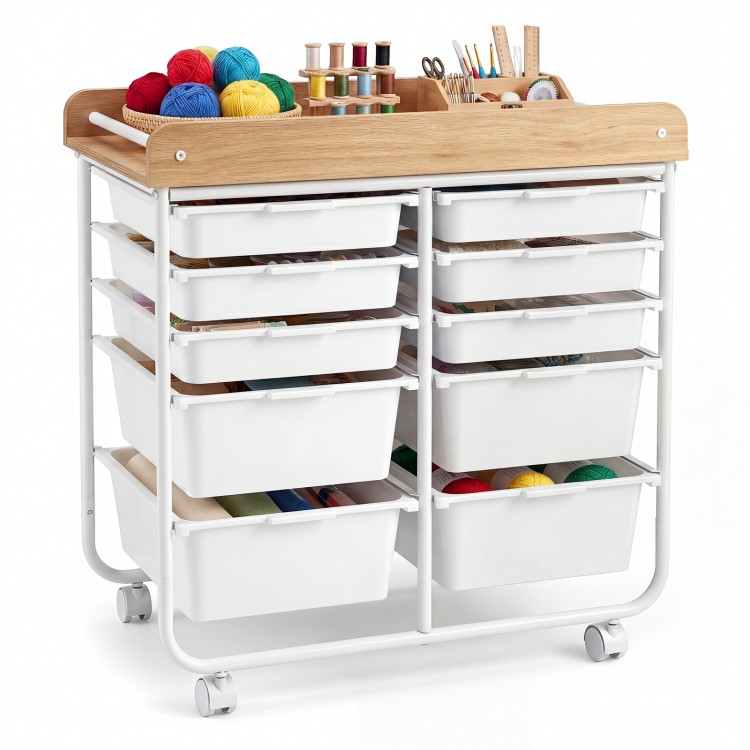 10-drawer rolling cart with a stylish wood grain top, featuring smooth slides and removable drawers for easy.