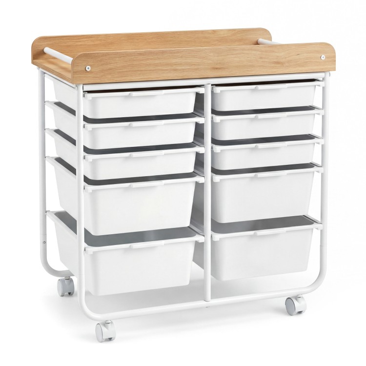 10-drawer rolling cart featuring a wooden tabletop, removable drawers, and smooth slides for versatile storage.