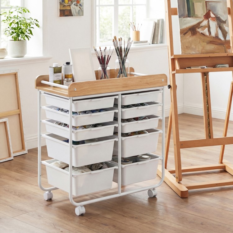 10-drawer rolling cart with wooden tabletop and lockable wheels, ideal for organized storage in offices or studios.
