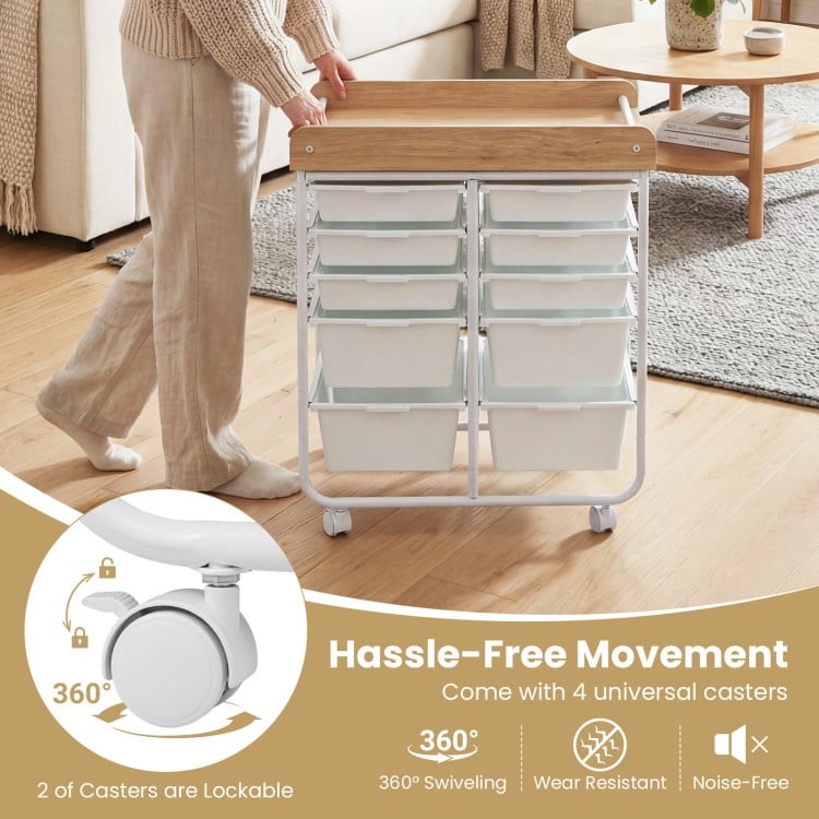 10-drawer rolling cart showcasing a thick MDF tabletop, designed for easy mobility with lockable swivel wheels for.