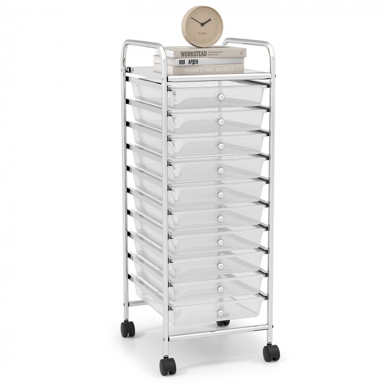 10-drawer rolling storage cart with chrome plated steel frame and transparent drawers, ideal for organizing supplies at.