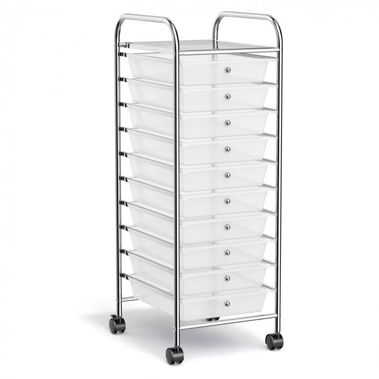 10-drawer rolling storage cart with chrome plated steel frame and transparent drawers, ideal for organizing supplies in.