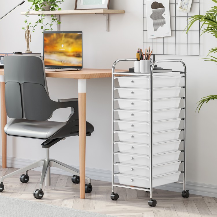 10-drawer rolling storage cart with chrome frame and transparent drawers, perfect for organizing office supplies.