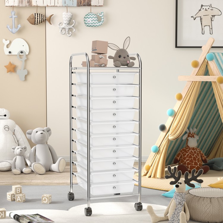 10-drawer rolling storage cart with chrome plated steel frame and transparent drawers, perfect for organizing supplies.