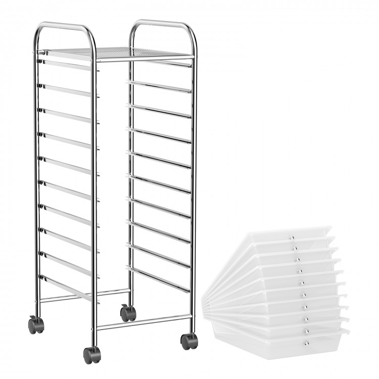 Side view of the 10-drawer rolling storage cart with chrome frame and transparent drawers, designed for versatile.