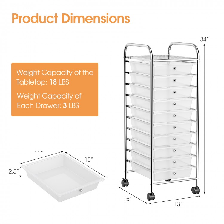 Detailed product dimensions of the 10-drawer rolling storage cart, showcasing weight capacities for tabletop and each.