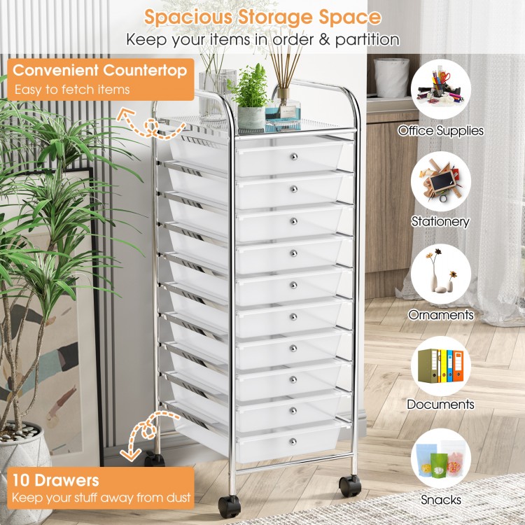 10-drawer rolling storage cart with chrome plated steel frame and transparent drawers, perfect for organizing office.