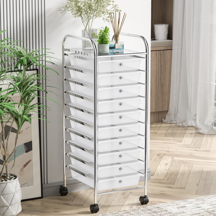 10-drawer rolling storage cart organizer in chrome with transparent drawers, ideal for home or office organization.