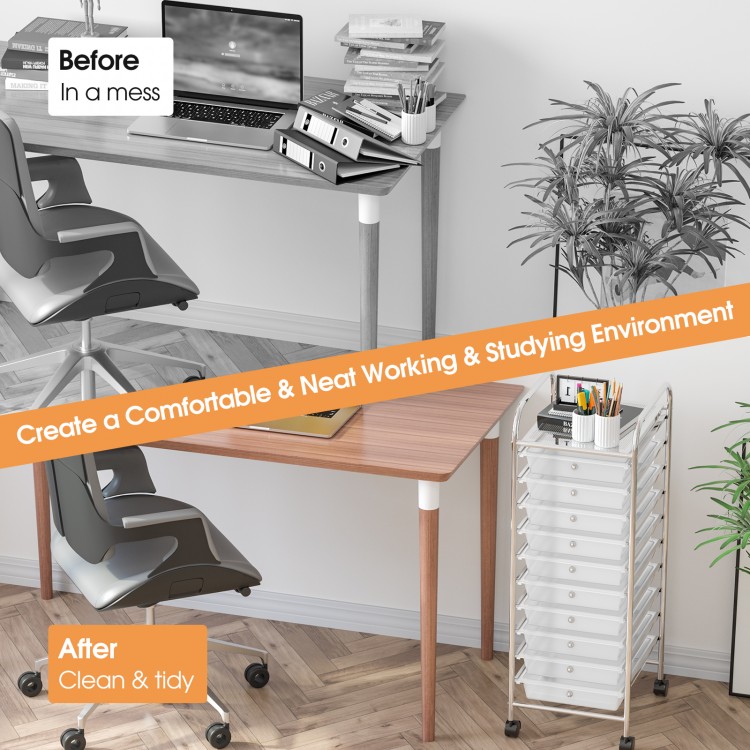 10-drawer rolling storage cart with chrome frame and casters, perfect for organizing office supplies in a compact.