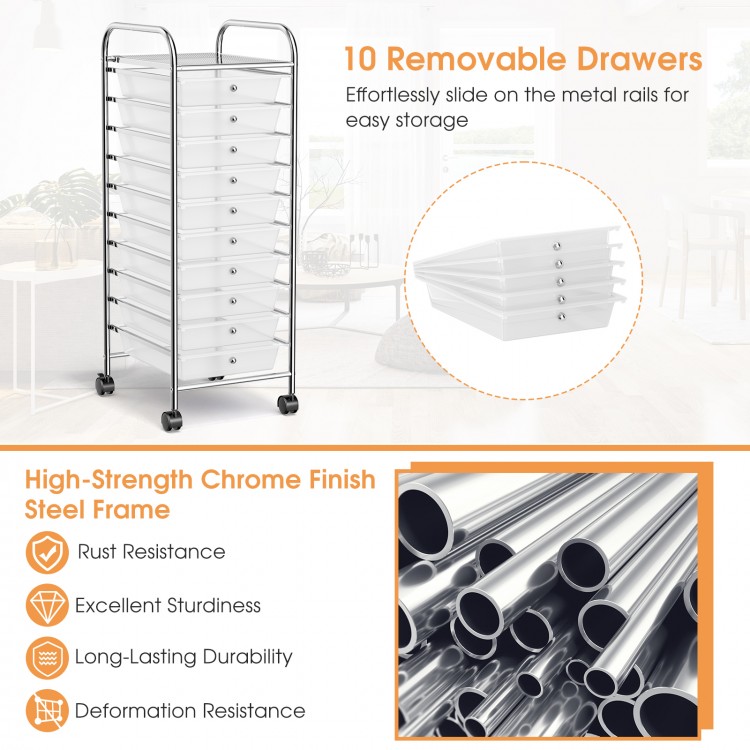 10-drawer rolling storage cart with chrome steel frame and 4 casters, ideal for organizing supplies in any space.