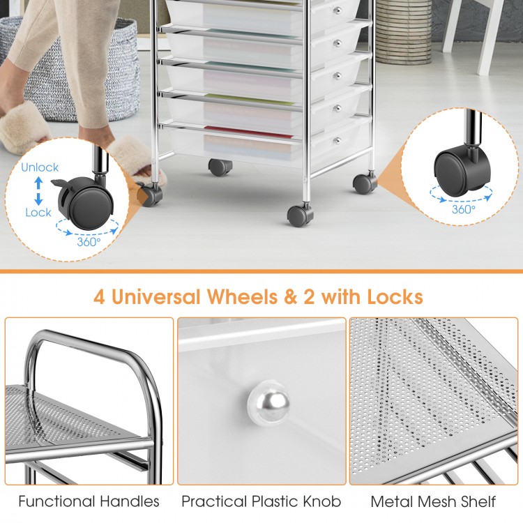 10-drawer rolling storage cart with chrome frame and transparent drawers, featuring 4 universal wheels for easy.