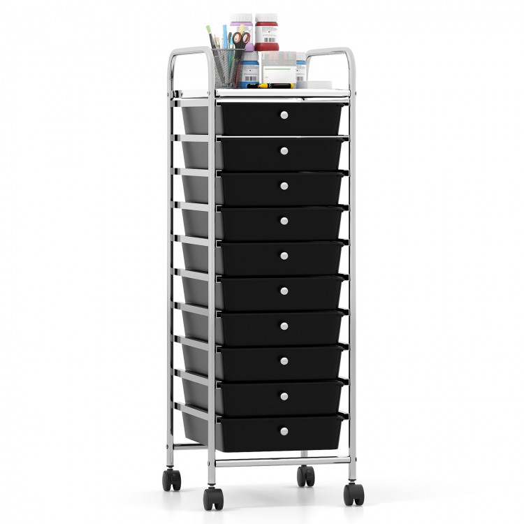 10-drawer rolling storage cart in black with metal frame and lockable wheels, ideal for home or classroom organization.
