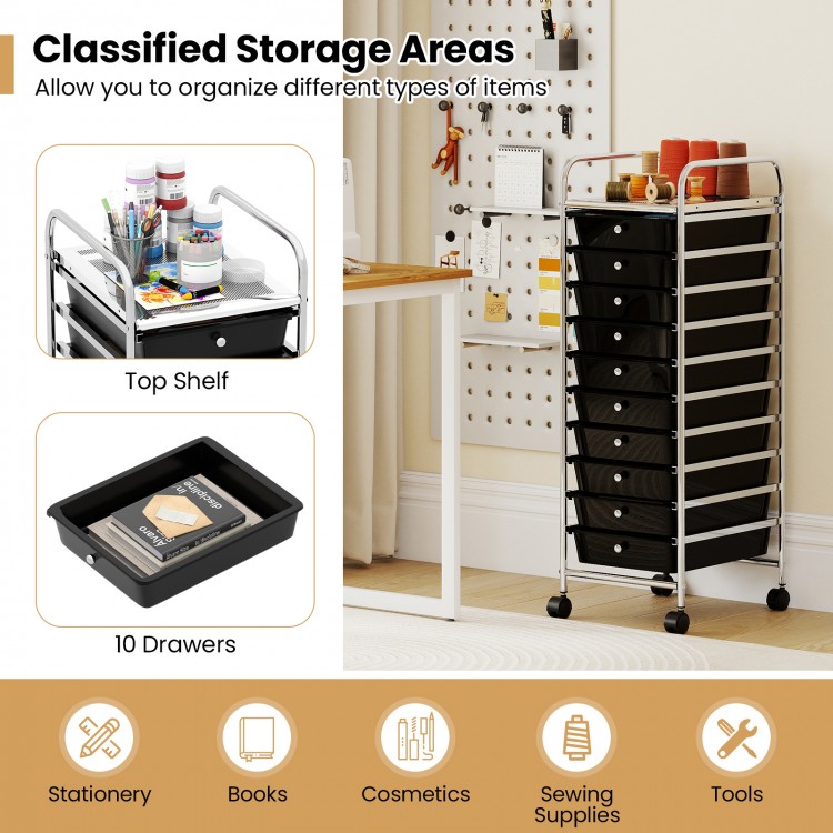 10-drawer rolling storage cart with a metal frame, black finish, ideal for organizing stationery and tools in various.