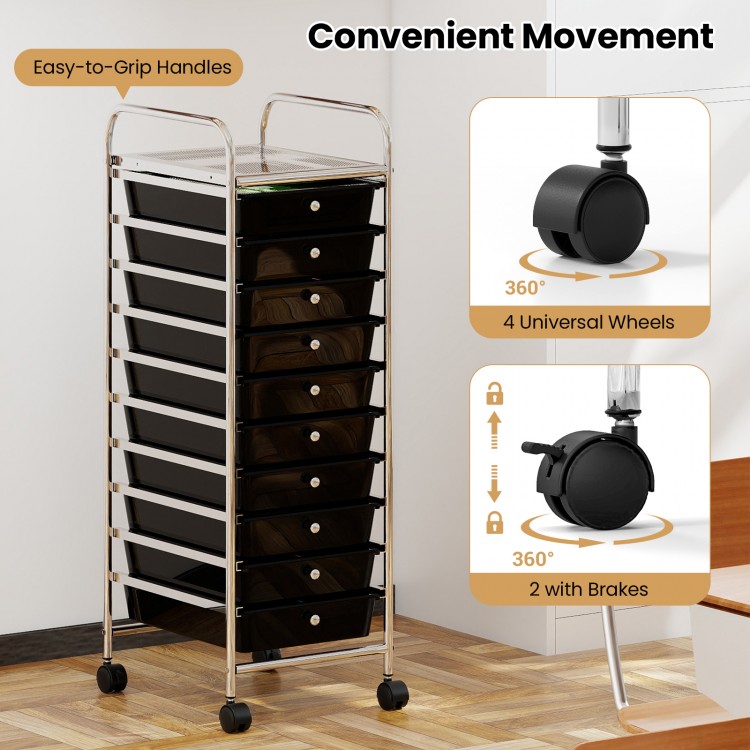 10-drawer rolling storage cart with easy-to-grip handles and 360° universal wheels, perfect for versatile organization.