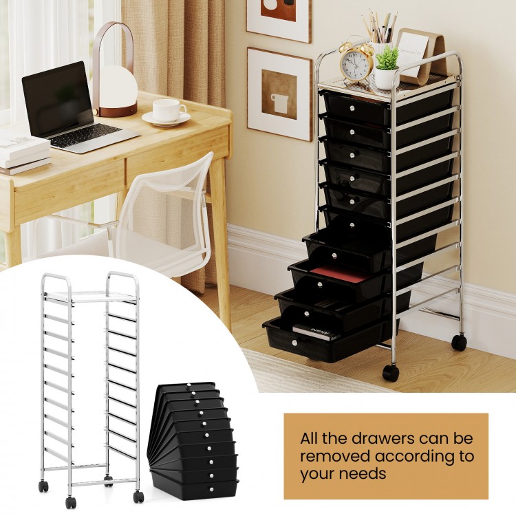 10-drawer rolling storage cart with a chrome-plated metal frame and lockable wheels, ideal for home or classroom.