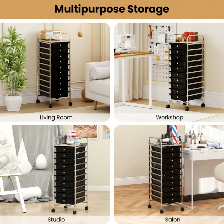 10-drawer rolling storage cart in black with metal frame and wheels, ideal for organizing in home, studio, or workshop.