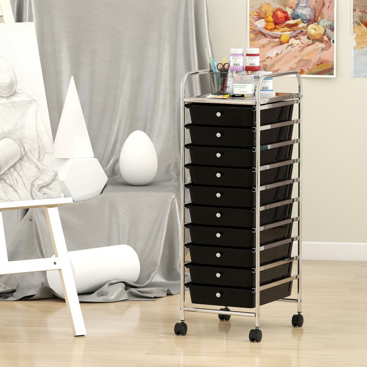 10-drawer rolling storage cart in black with metal frame, ideal for organizing supplies in home, dorm, or classroom.