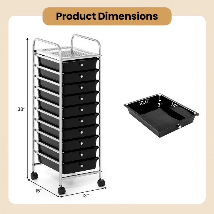 10-drawer rolling storage cart in black with metal frame, dimensions 38" x 13", ideal for home or classroom.