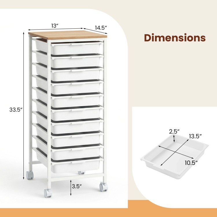 10-drawer rolling storage cart with wooden tabletop, white metal frame, and lockable wheels for versatile organization.