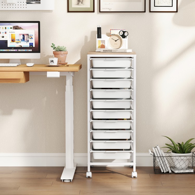 10-drawer rolling storage cart in white with wooden tabletop, ideal for organizing office supplies and crafts.