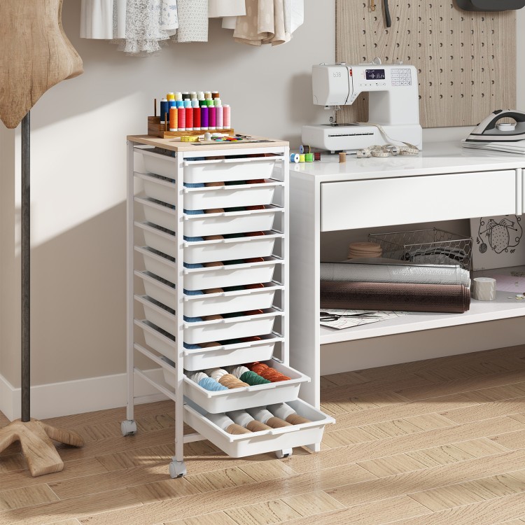 10-drawer rolling storage cart in white with wooden tabletop, ideal for organizing office and craft supplies.