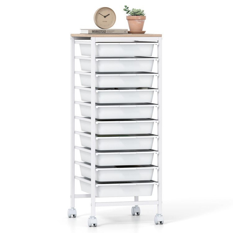 10-drawer rolling storage cart with white drawers and wooden top, ideal for office or craft organization.