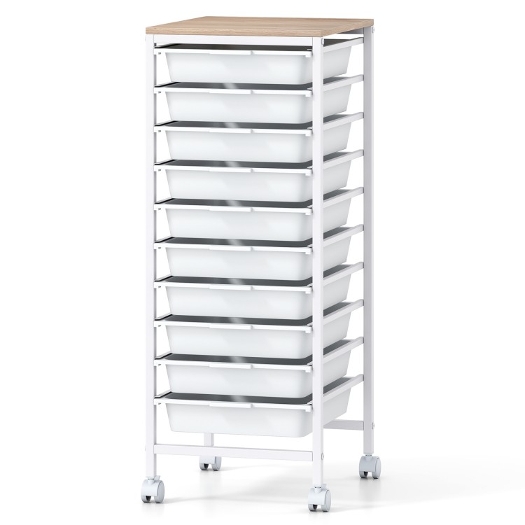 10-drawer rolling storage cart with wooden tabletop, white metal frame, ideal for organizing office or craft supplies.