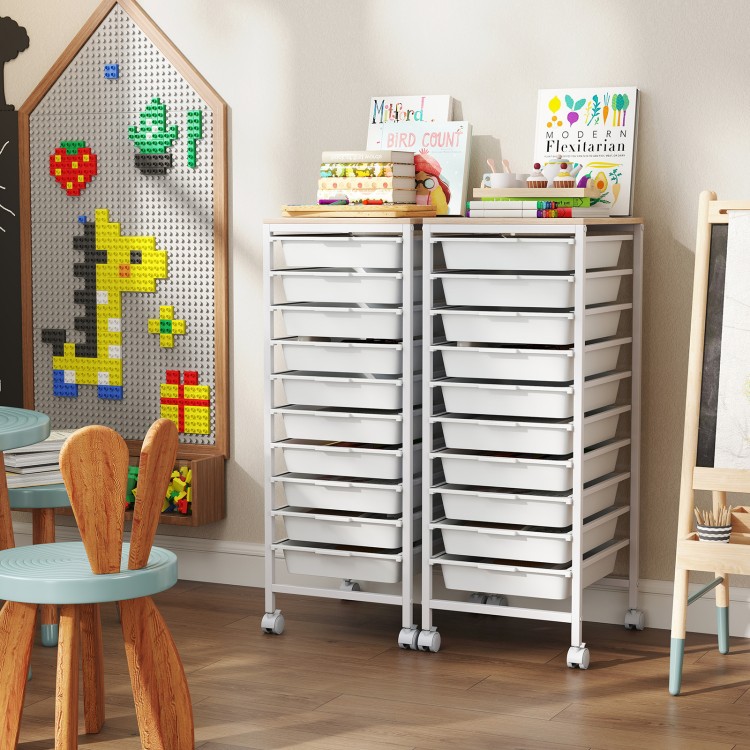 10-drawer rolling storage cart with removable drawers and smooth metal tracks, perfect for classroom or office use.
