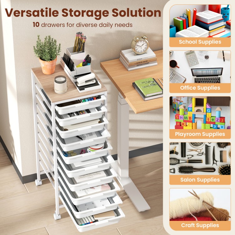 10-drawer rolling storage cart with wooden tabletop, ideal for organizing office, craft, or salon supplies.
