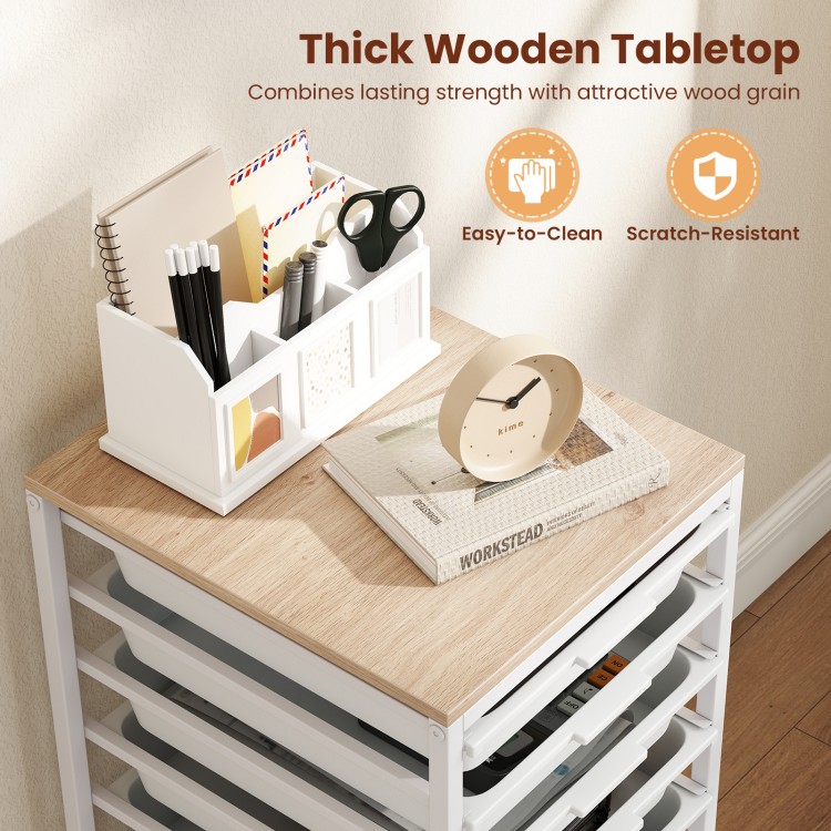 10-drawer rolling storage cart with a thick wooden tabletop, featuring a durable metal frame for versatile organization.