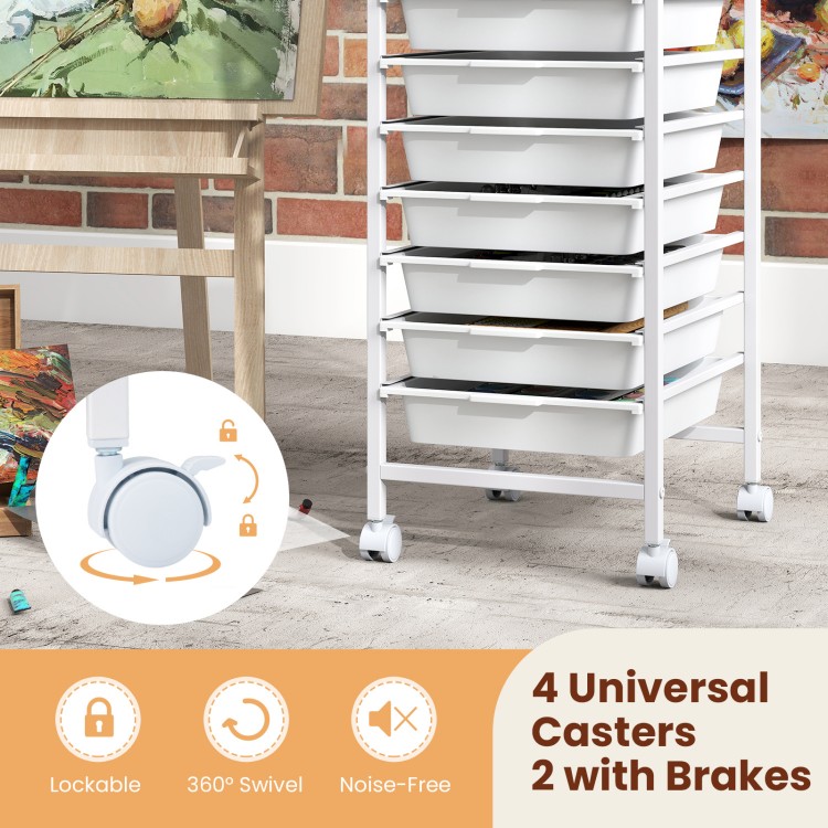 10-drawer rolling storage cart with a wooden tabletop, featuring lockable wheels for versatile office or craft.